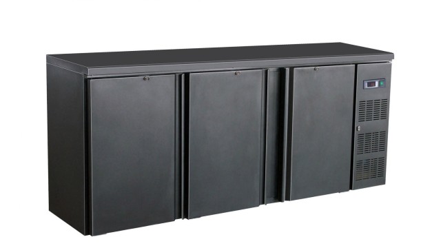 Horeca Bar | 3 volle deuren | zwart | 537 liter | B 200 x H 86 cm | RVS interieur