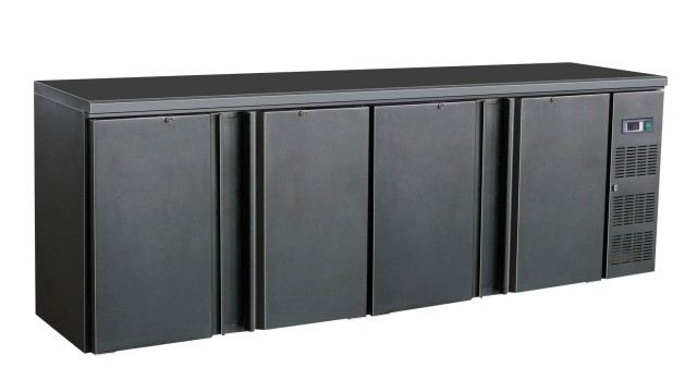 Bar Koelkast | 4 volle deuren | Zwart | 350L | Geforceerd | Hoog 86 x 254 cm | RVS interieur